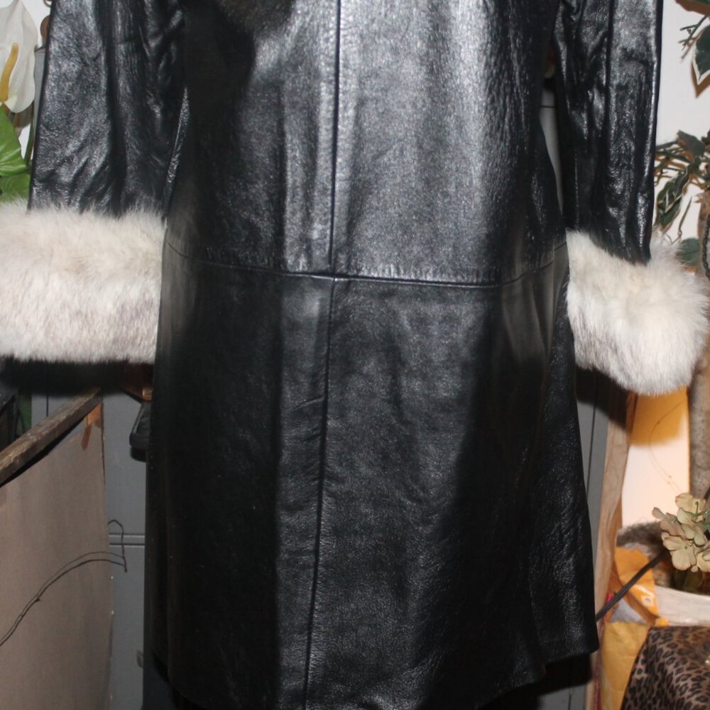 Rare Vintage 70's The Vogue Belted Black Leather & Fox Fur Jacket Coat Trench M - Picture 8 of 10